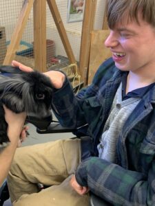 Student petting rabbit